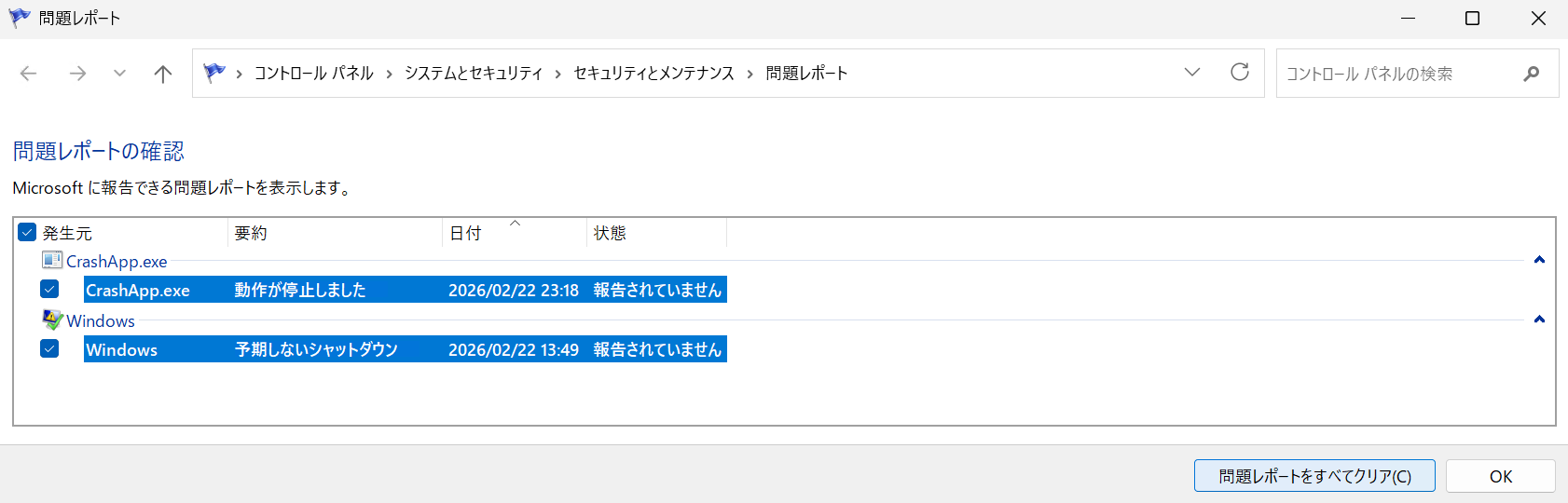 図 2 : [問題のレポートをすべて表示] の例